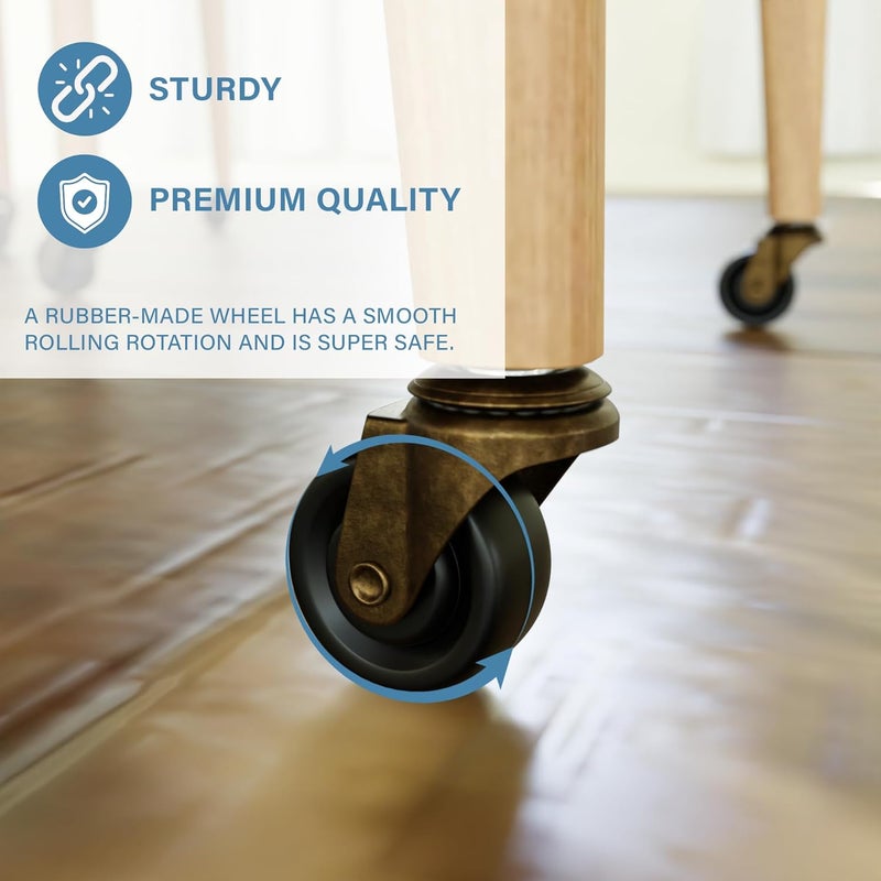 NATIKON Antique Brass Casters with Rubber Wheels 1-5/8" Stem Caster Replacement for Chairs, Sofa, Dresser | Vintage Furniture Rollers for Hardwood Floor Set of 4 - Image 3
